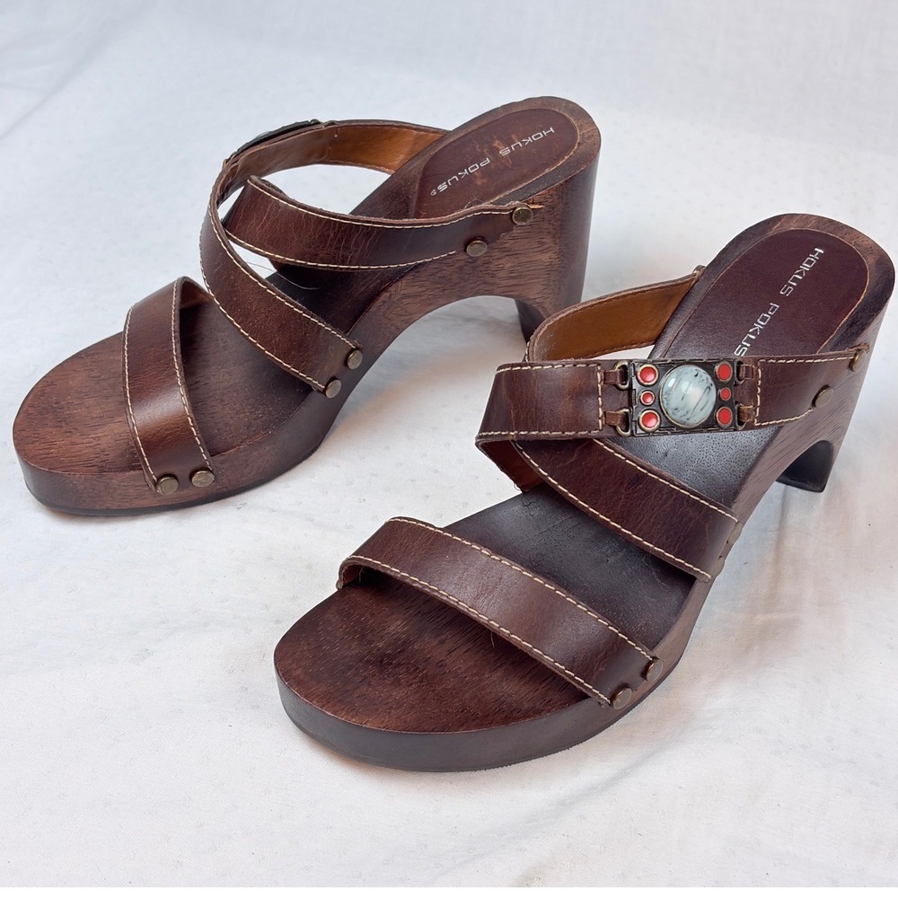 Hokus Pokus Brown Leather Wood Strappy Platform Sandals Beading Boho 7M Brazil